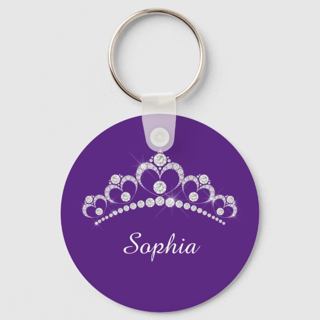 White Diamond Crown, DIY Script Name, Royal Purple Key Ring (Front)