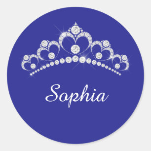 White Diamond Crown, Script Name, Deep Blue Classic Round Sticker