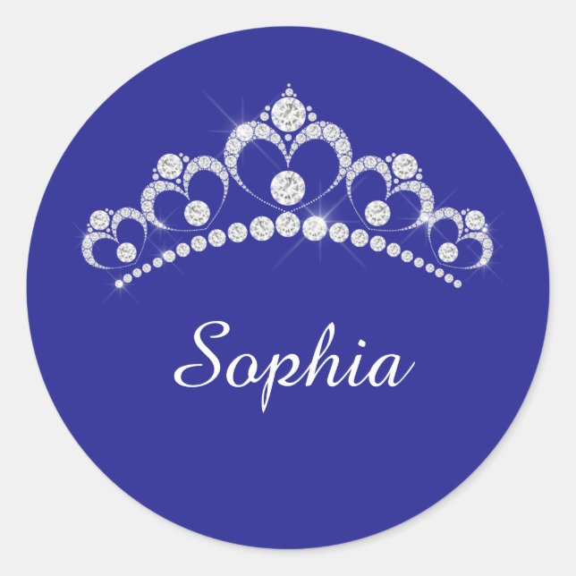 White Diamond Crown, Script Name, Deep Blue Classic Round Sticker (Front)