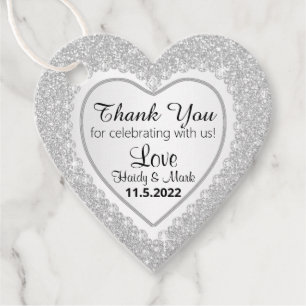White Diamond Heart with Faux White Glitter Favour Tags