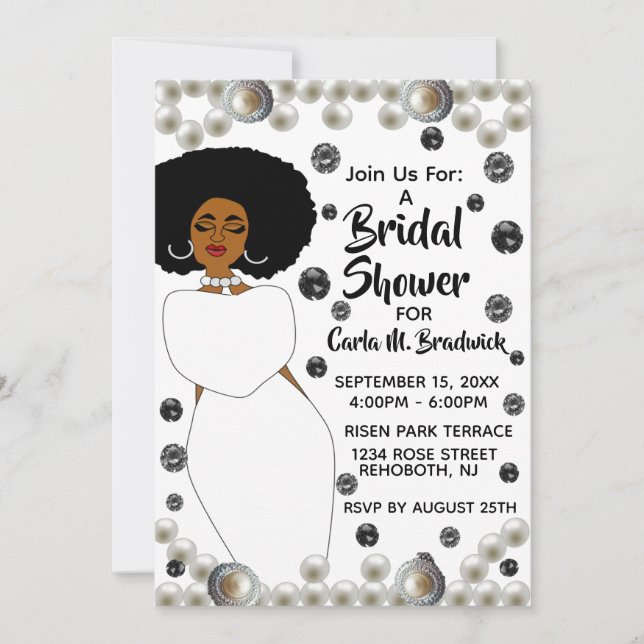 White Diamond Pearl African American Bridal Shower Invitation (Front)