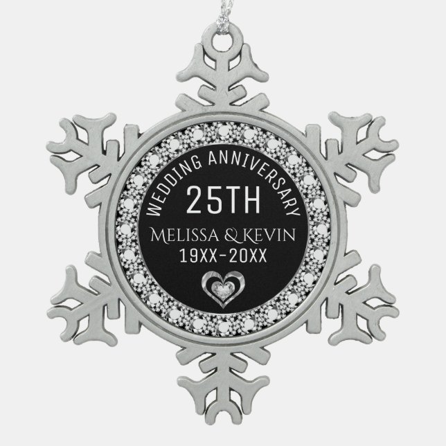 White Diamonds 25th Wedding Anniversary Template Snowflake Pewter Christmas Ornament (Front)
