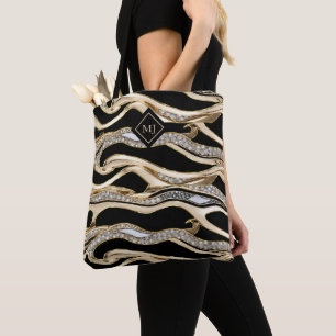 White diamonds and gold zabra stripes on black tote bag