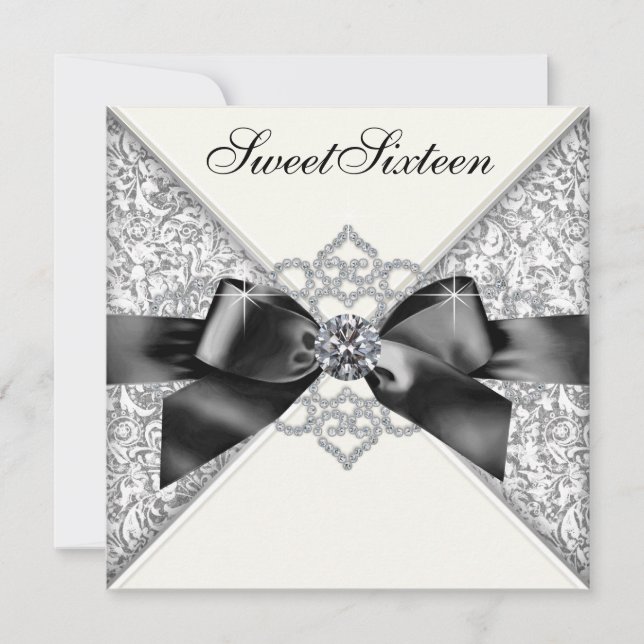 White Diamonds Black White Sweet 16 Birthday Party Invitation (Front)
