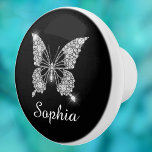White Diamonds Butterfly, DIY Script Name, Black Ceramic Knob<br><div class="desc">A classy white diamonds butterfly design to personalise name in white script text on black background. Click “Customise” to change colours and type styles.</div>