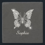 White Diamonds Butterfly, DIY Script Name, Black Stone Coaster<br><div class="desc">A classy white diamonds butterfly design to personalise name in white script text on black background. Click “Customise” to change colours and type styles.</div>