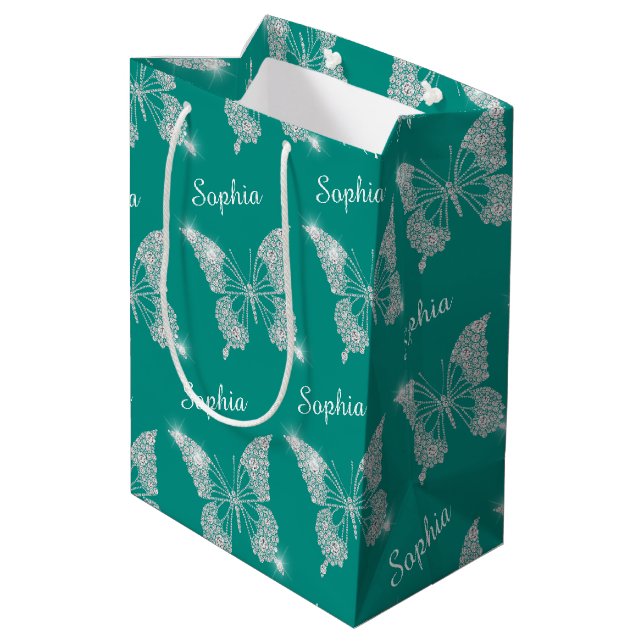 White Diamonds Butterfly Sparkle Script Name, Teal Medium Gift Bag (Back Angled)