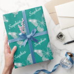 White Diamonds Butterfly Sparkle Script Name, Teal Wrapping Paper<br><div class="desc">A classy white diamonds butterfly design with sparkle; personalise name in white script on teal background.</div>