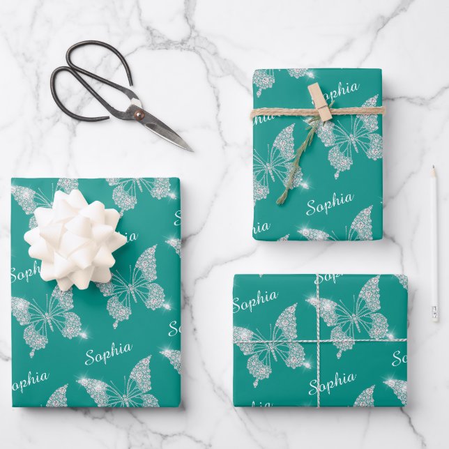 White Diamonds Butterfly Sparkle Script Name, Teal Wrapping Paper Sheet (Front)