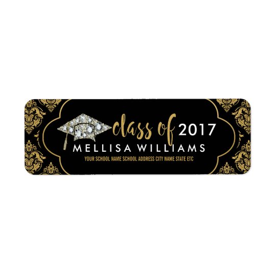 White Diamonds Class Of 2017 Black & Gold Damasks Return Address Label