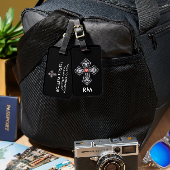 White Diamonds Cross Red Gem Accent Luggage Tag (Front & Back)