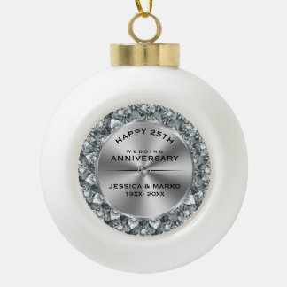 White diamonds & gold 25th wedding anniversary ceramic ball christmas ornament