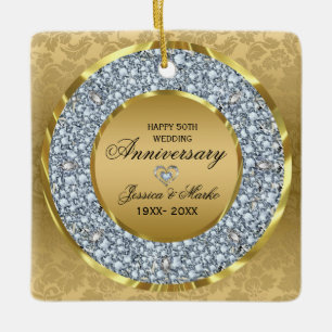 White Diamonds & Gold 50th Wedding Anniversary Ceramic Tree Decoration
