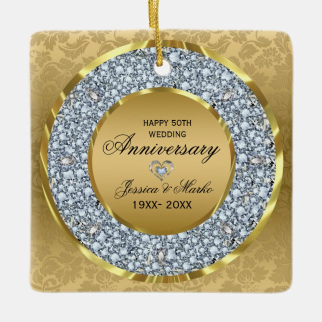 White Diamonds & Gold 50th Wedding Anniversary Ceramic Tree Decoration (Front)