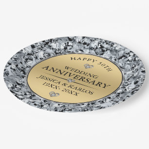 White diamonds & gold 50th wedding anniversary paper plate