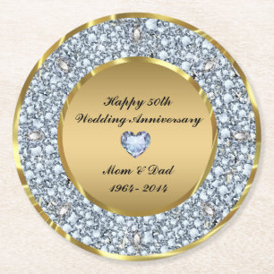 White Diamonds & Gold 50th Wedding Anniversary Round Paper Coaster