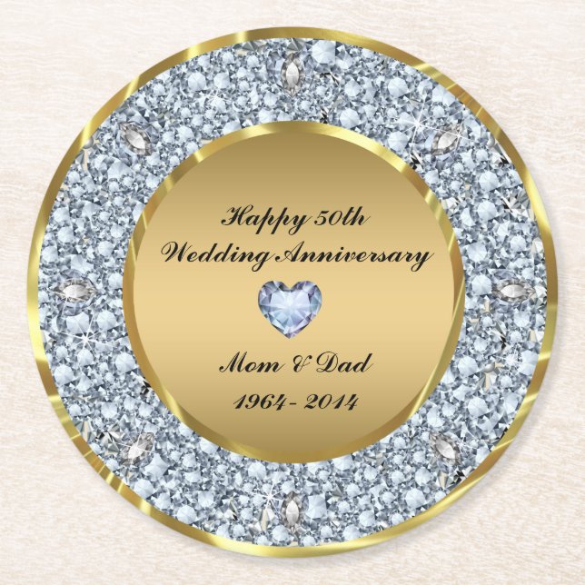 White Diamonds & Gold 50th Wedding Anniversary Round Paper Coaster (Front)