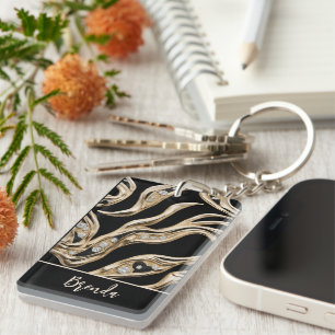 White diamonds, gold border abstract shapes key ring