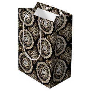 White diamonds, gold border mandala glamour design medium gift bag