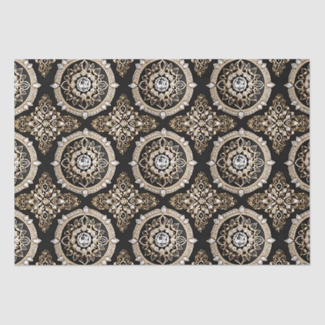 White diamonds, gold border mandala glamour design tissue paper (Front)