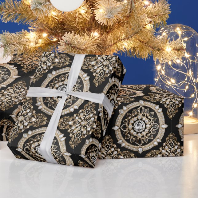 White diamonds, gold border mandala glamour design wrapping paper (Holidays)
