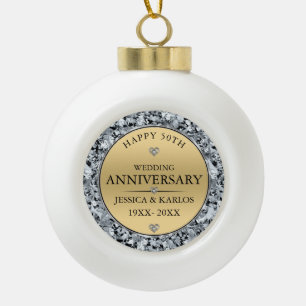 White diamonds & gold wedding anniversary ceramic ball christmas ornament