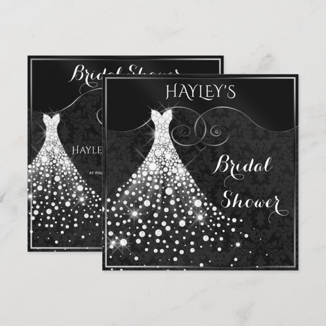 White Diamonds Gown Black Silver Bridal Shower Invitation (Front/Back)