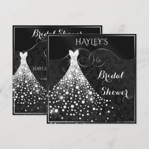 White Diamonds Gown Black Silver Bridal Shower Invitation