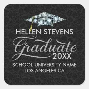 White Diamonds Grad Hat Graduate Typography Square Sticker