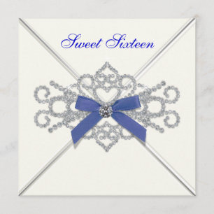 White Diamonds Navy Blue Sweet 16 Birthday Party Invitation