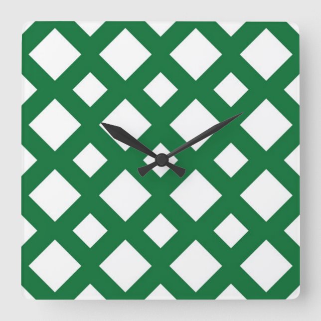 White Diamonds on Green Square Wall Clock (Front)