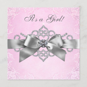 White Diamonds Pink and Grey Baby Shower Invitation