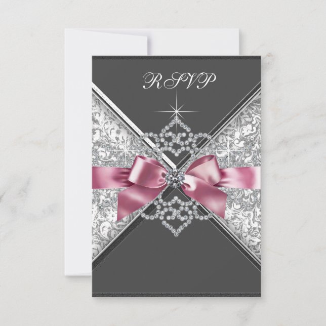 White Diamonds Pink Black RSVP Card (Front)