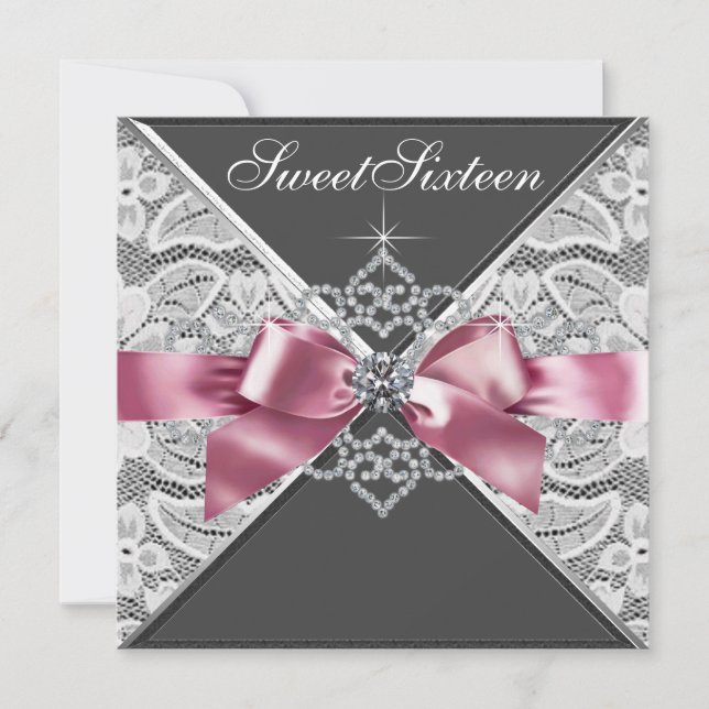 White Diamonds Pink Black Sweet 16 Birthday Party Invitation (Front)