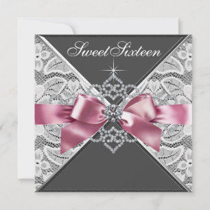 White Diamonds Pink Black Sweet 16 Birthday Party Invitation