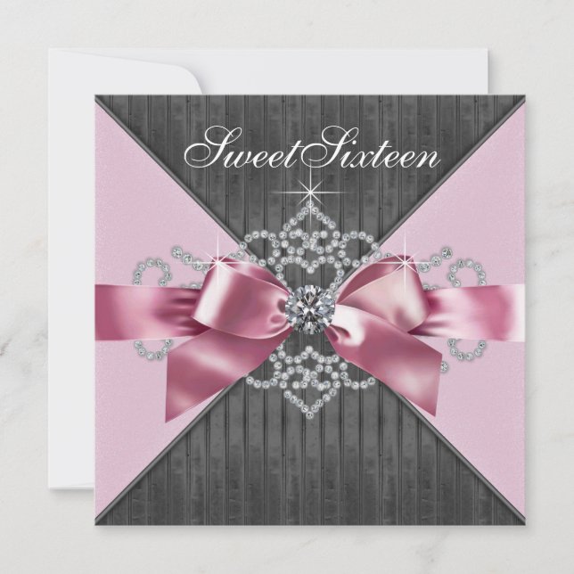 White Diamonds Pink Black Sweet 16 Birthday Party Invitation (Front)