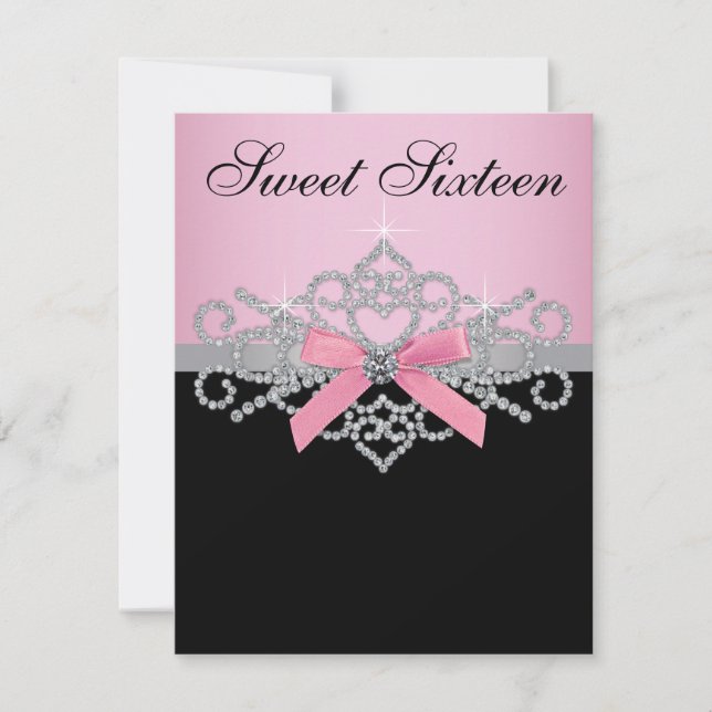 White Diamonds Pink Black Sweet 16 Birthday Party Invitation (Front)