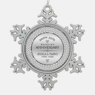 White Diamonds & Silver 25th Wedding Snowflake Pewter Christmas Ornament