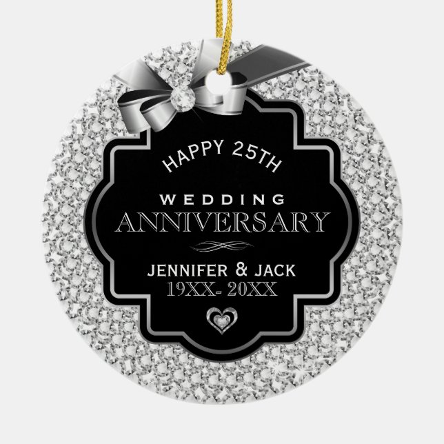 White Diamonds Silver And Black 25 Anniversary Ceramic Tree Decoration (Front)