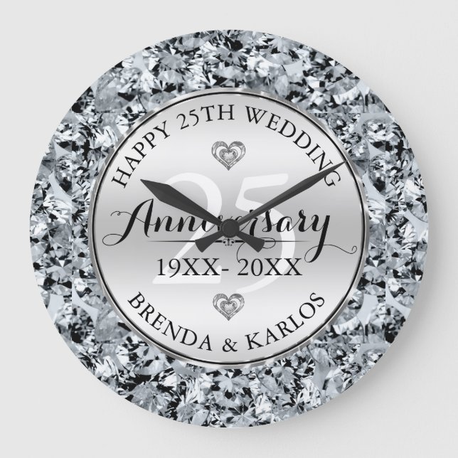 White Diamonds Silver Wedding Anniversary Large Clock (Front)
