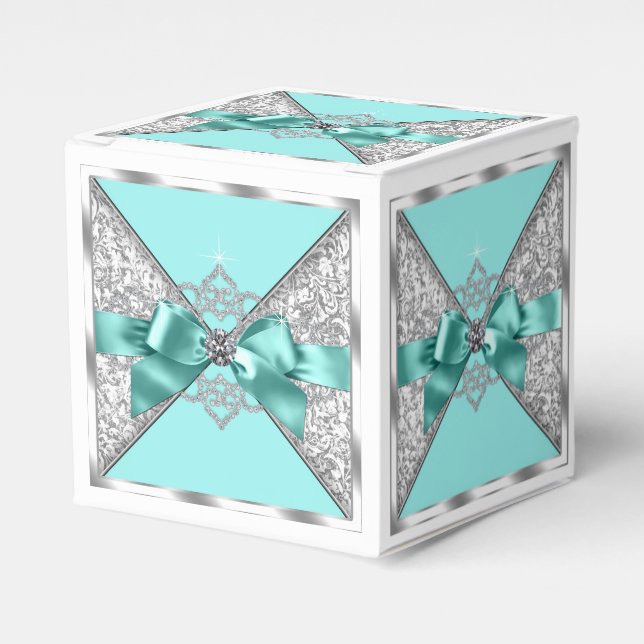 White Diamonds Teal Blue Sweet 16 Birthday Party Favour Box (Front Side)