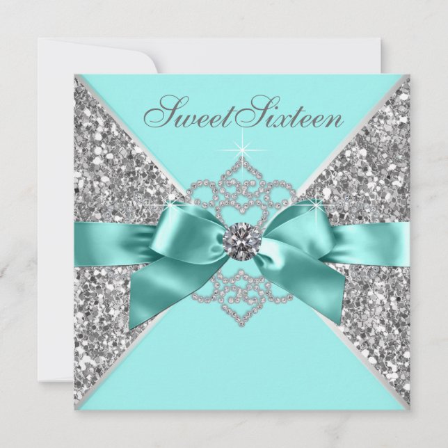White Diamonds Teal Blue Sweet 16 Birthday Party Invitation (Front)