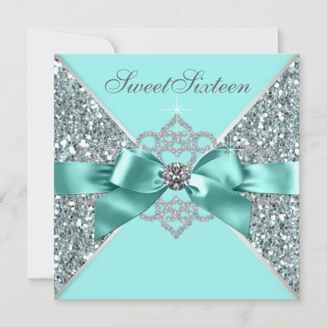 White Diamonds Teal Blue Sweet 16 Birthday Party Invitation (Front)