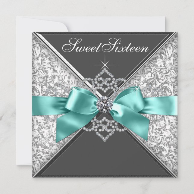 White Diamonds Teal Blue Sweet 16 Birthday Party Invitation (Front)