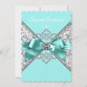 White Diamonds Teal Blue Sweet 16 Birthday Party Invitation