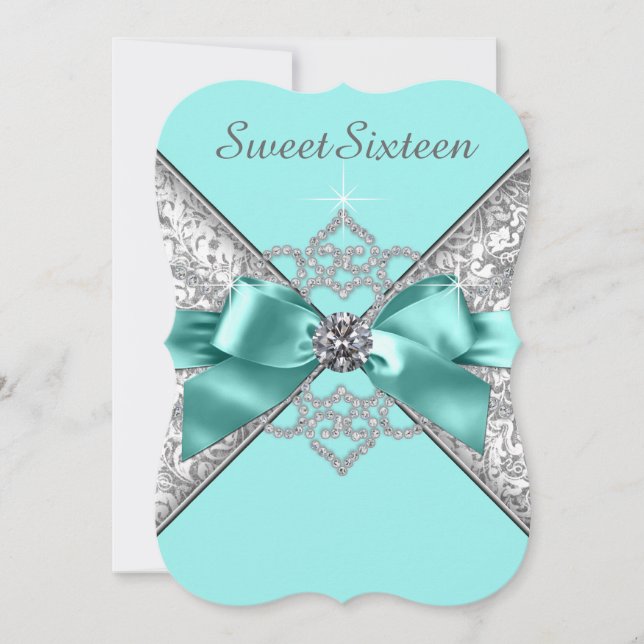 White Diamonds Teal Blue Sweet 16 Birthday Party Invitation (Front)