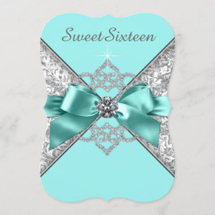 White Diamonds Teal Blue Sweet 16 Birthday Party Invitation