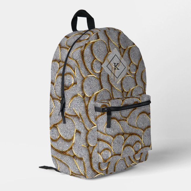 White diamonds with gold organic swirls pattern printed backpack (Back Corner Left)