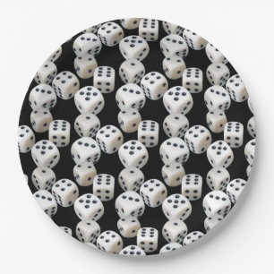 White Dice On Black Paper Plate