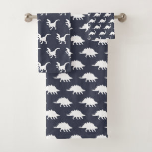 White Dinosaurs & Navy Blue Bath Towel Set